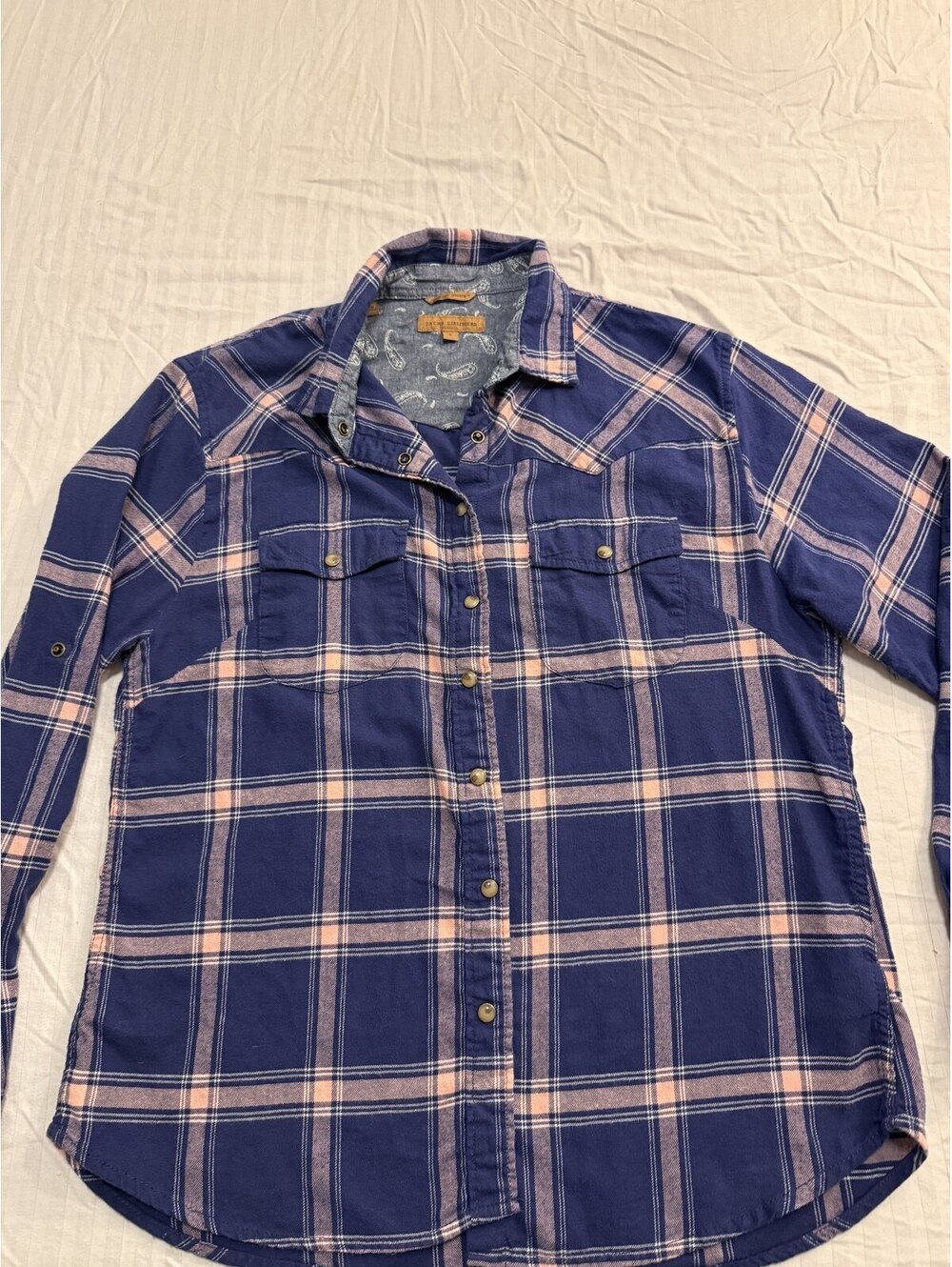 Jachs Girlfriend Plaid Flannel Shirt Women's L Blue Pink Comfort Stretch